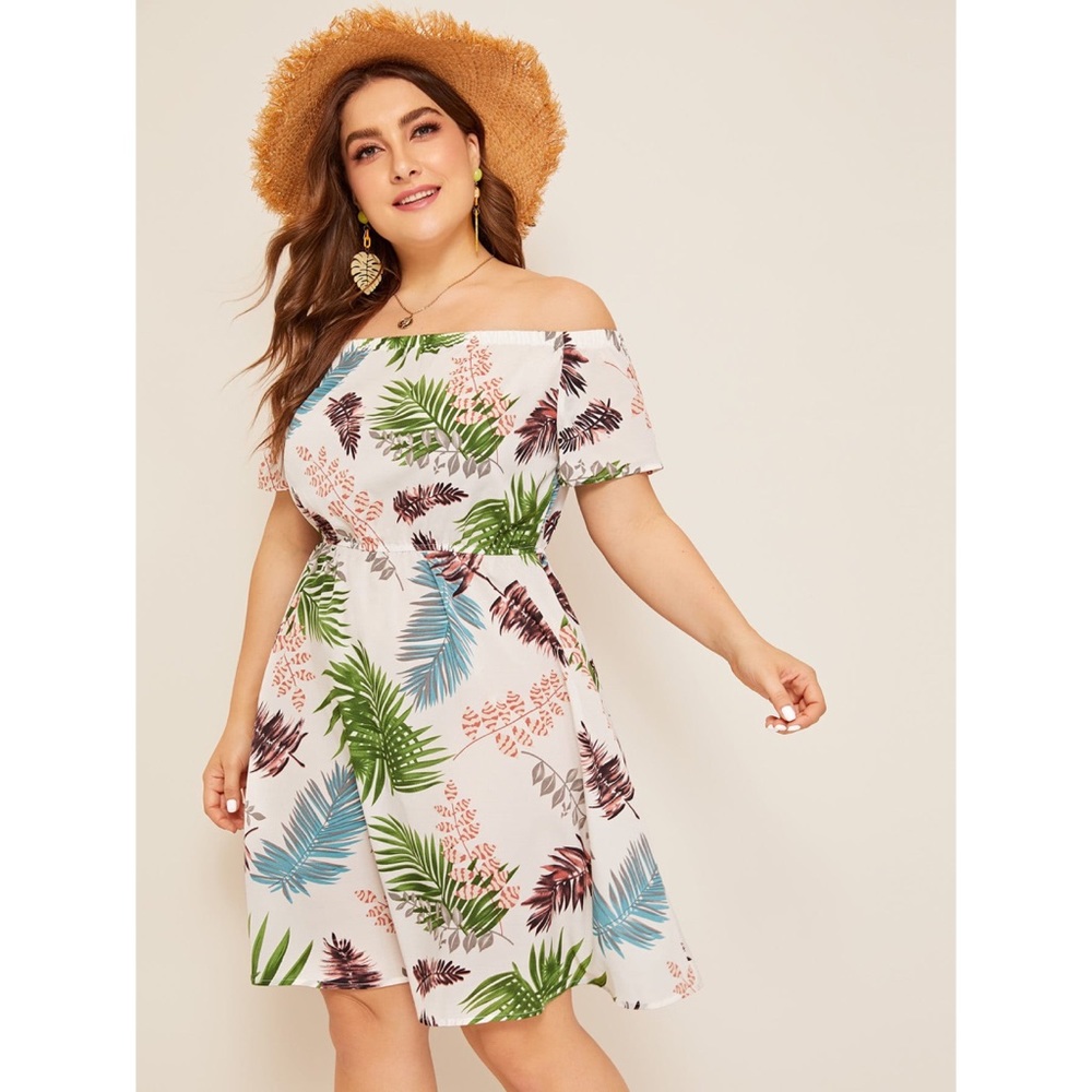 Jungle Leaf Print Short Off Shoulder Dress - Picture 3 of 5